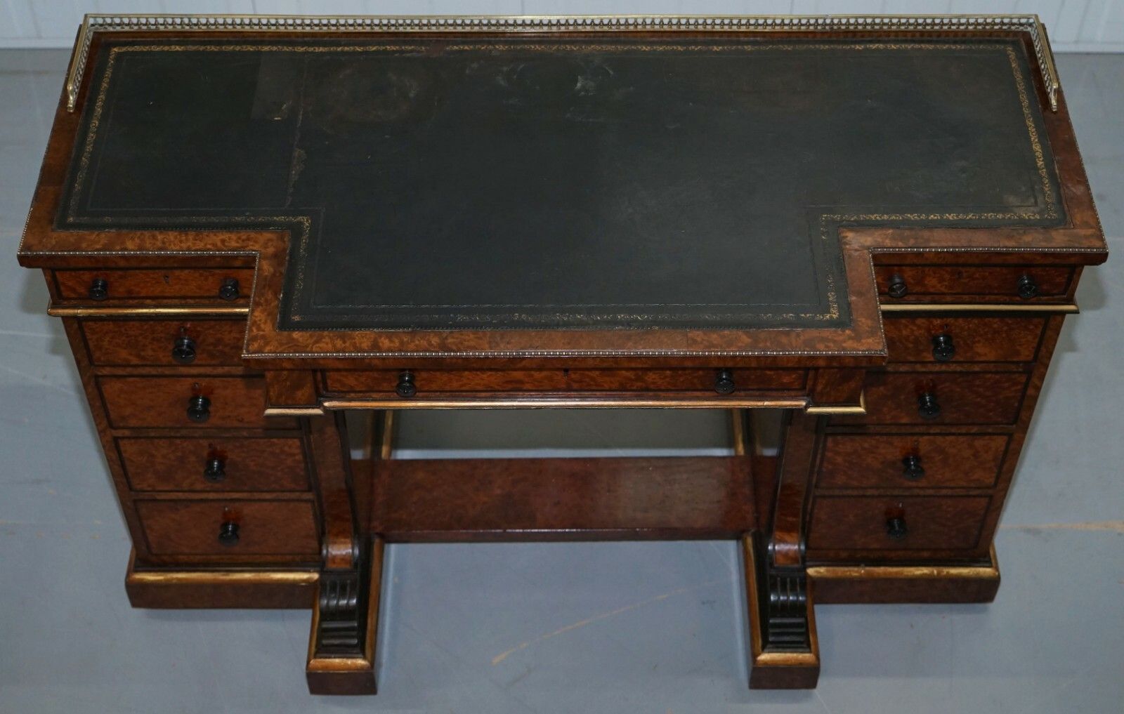 Very Rare Gillow 1852 57 Breakfront Library Desk Brass Gallery Burr Amboyna Wood photo for sale