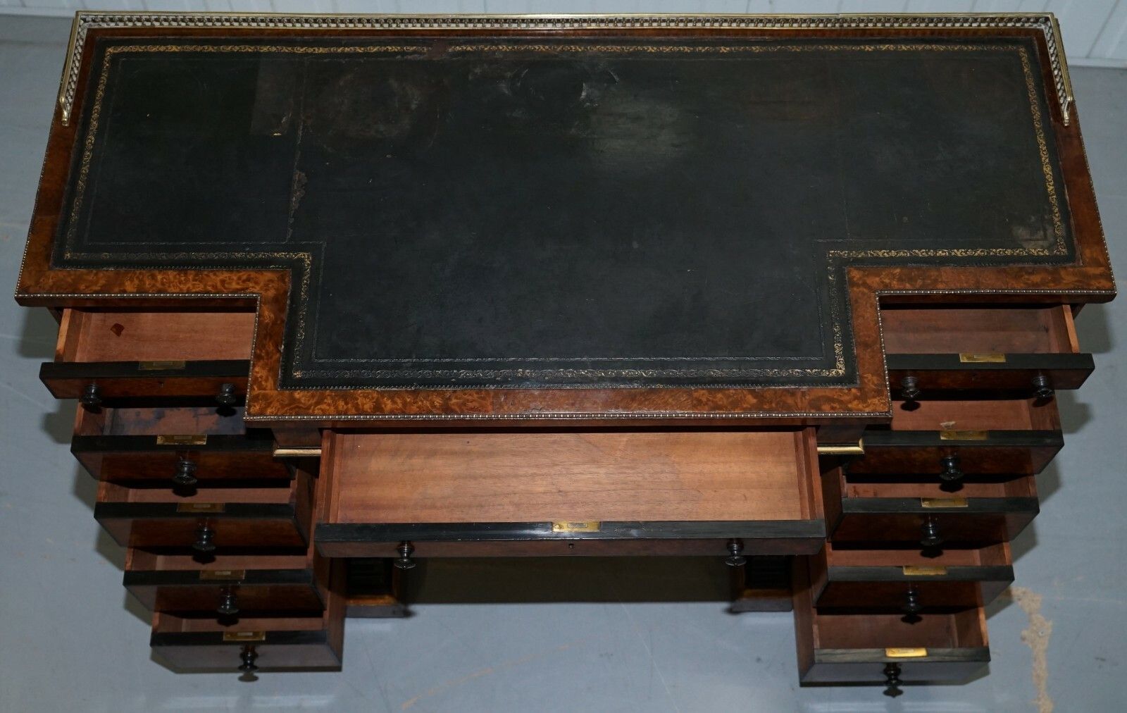 photo for sale Very Rare Gillow 1852 57 Breakfront Library Desk Brass Gallery Burr Amboyna Wood