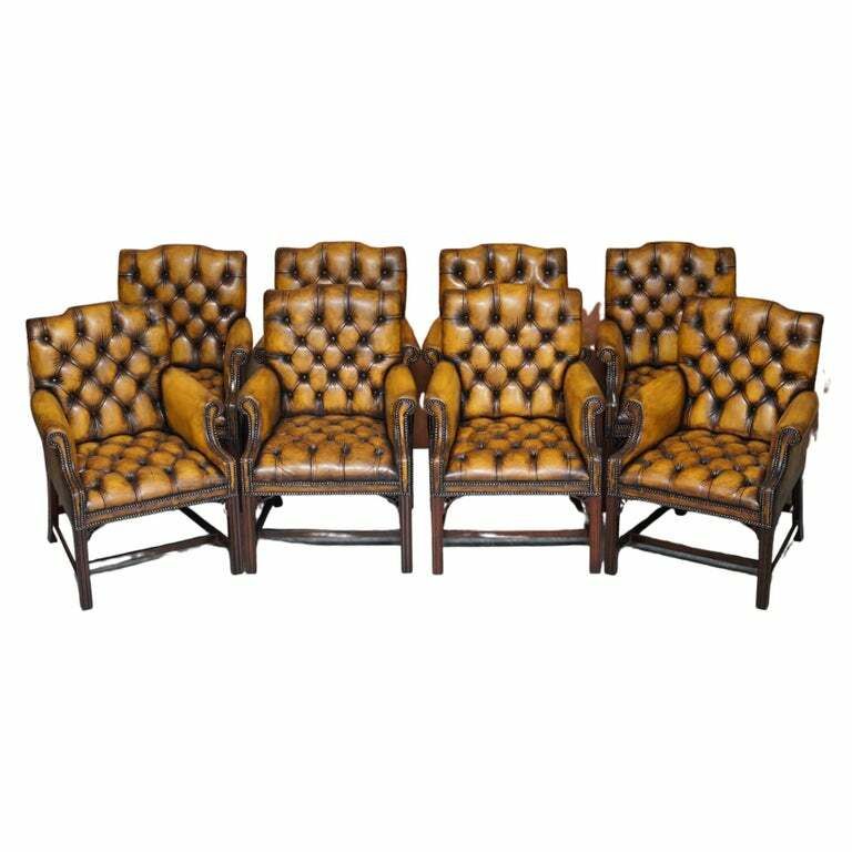 Eight Restored Brown Leather Thomas Chippendale Chesterfield Club Armchairs 8