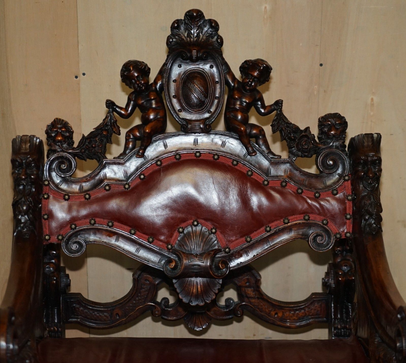 Antique Italian Circa 1850 Hand Carved Fruitwood Leather Rocking Armchair photo Furniture