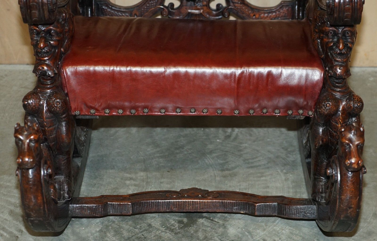 Antique Italian Circa 1850 Hand Carved Fruitwood Leather Rocking Armchair photo vinterior
