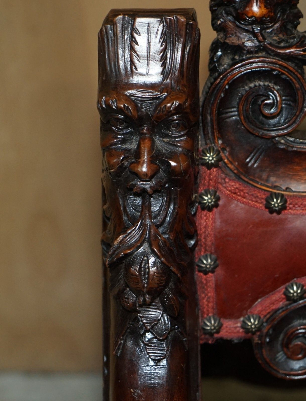 photo for sale Antique Italian Circa 1850 Hand Carved Fruitwood Leather Rocking Armchair