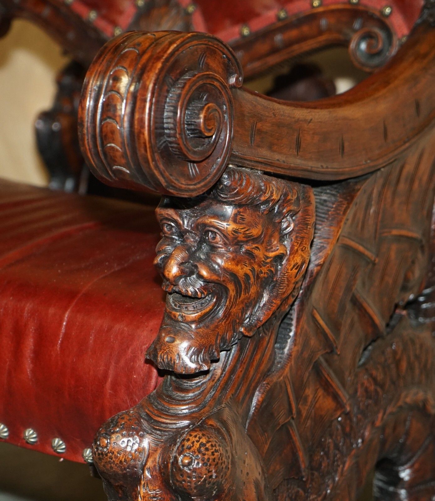 photo vinterior Antique Italian Circa 1850 Hand Carved Fruitwood Leather Rocking Armchair