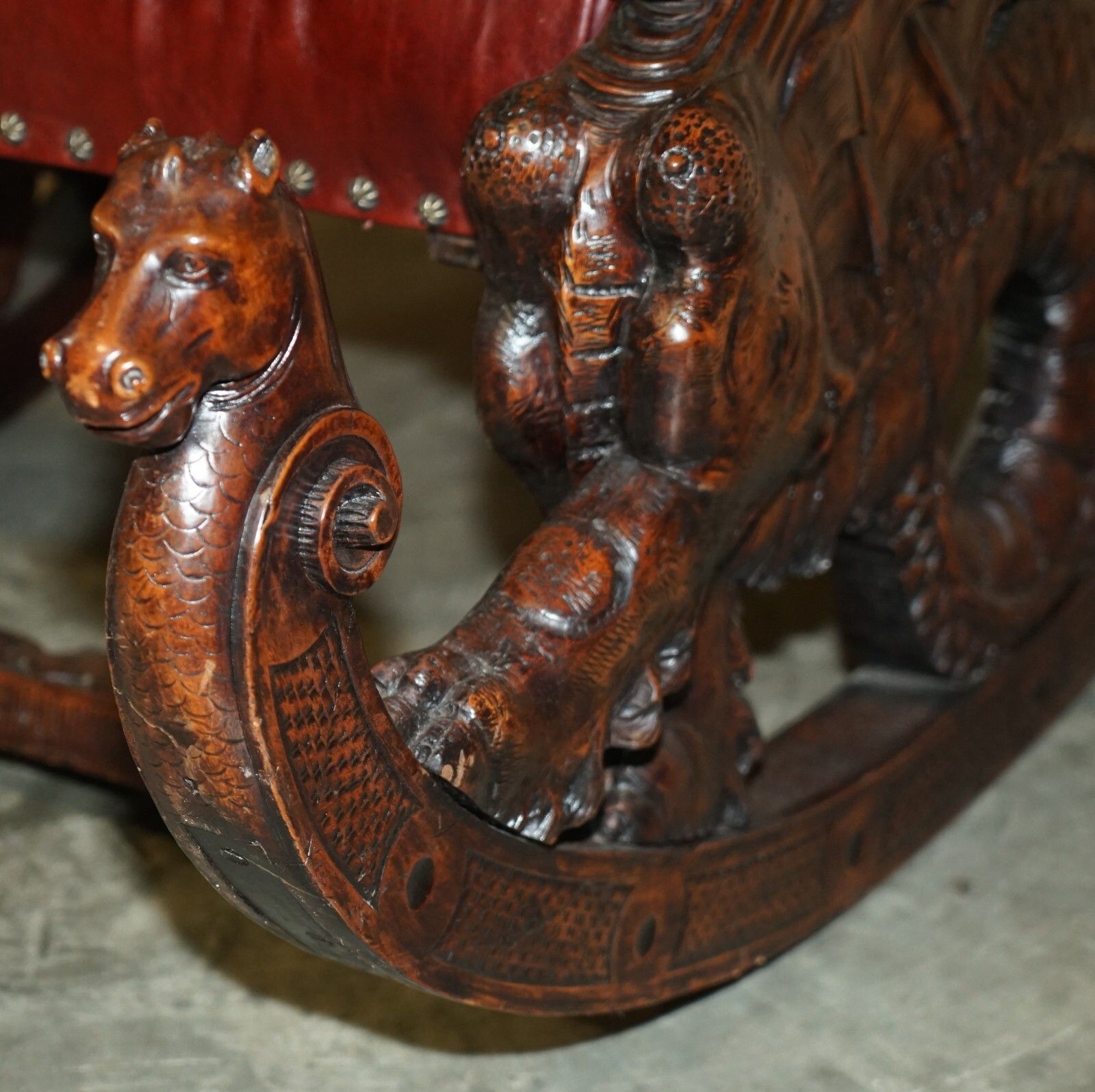 photo buy Antique Italian Circa 1850 Hand Carved Fruitwood Leather Rocking Armchair