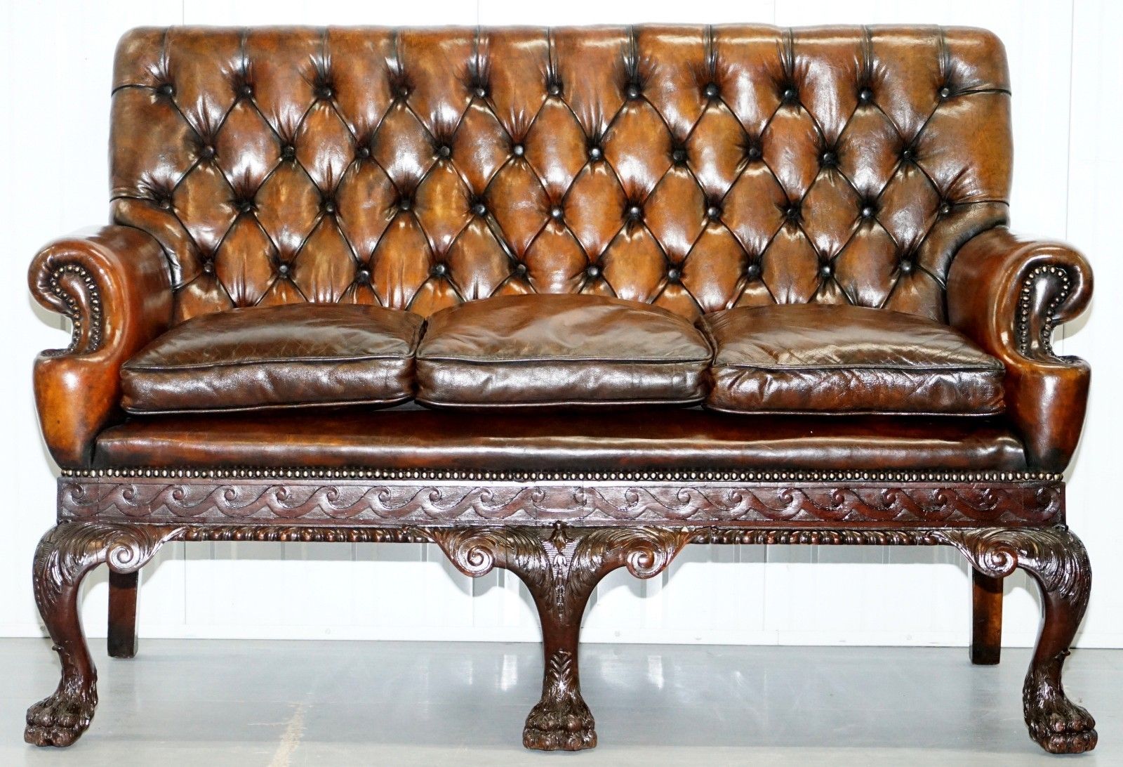 Victorian Georgian Irish Brown Leather Chesterfield Sofa Lion Hairy Paw Feet photo furniture