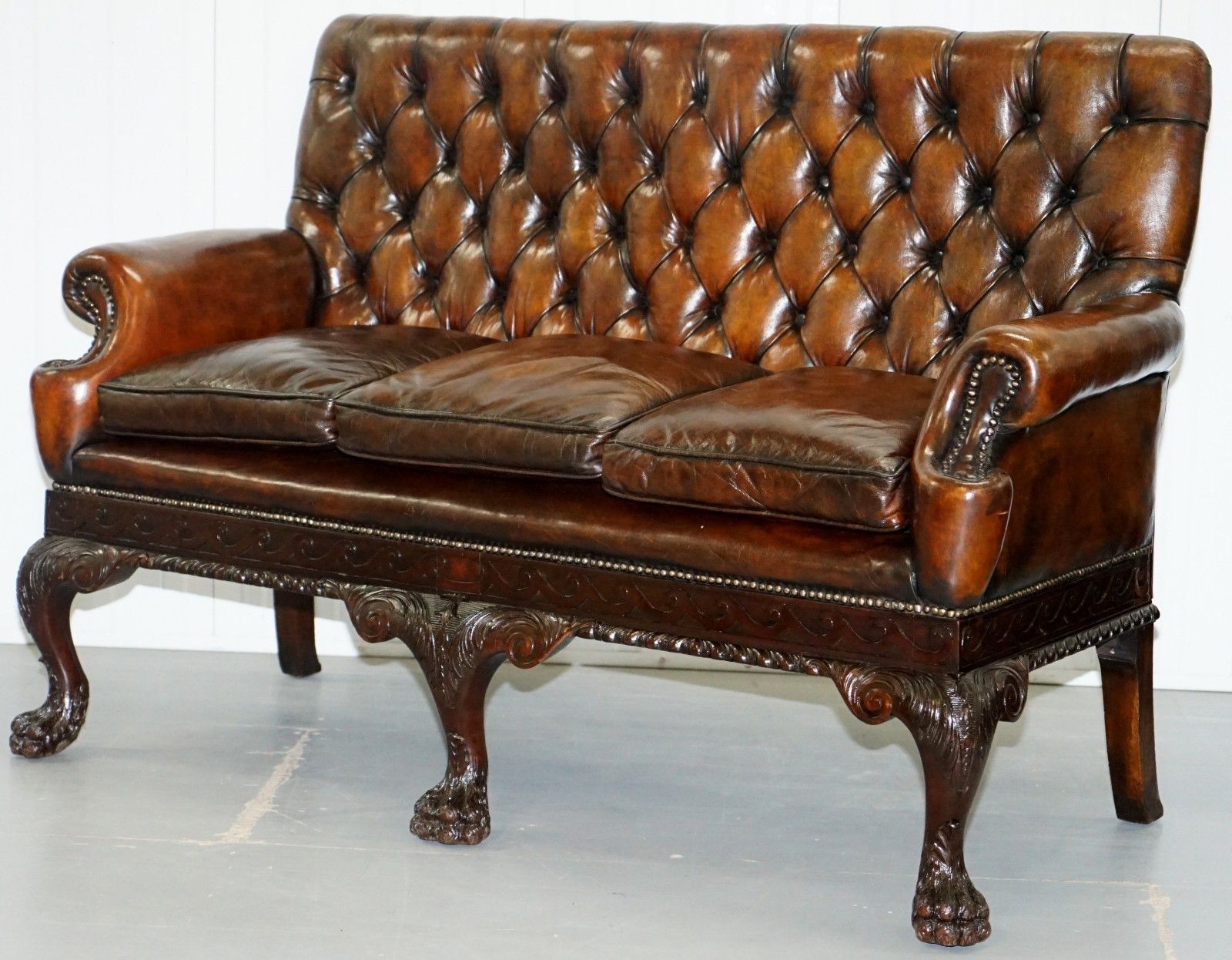 Victorian Georgian Irish Brown Leather Chesterfield Sofa Lion Hairy Paw Feet photo for sale