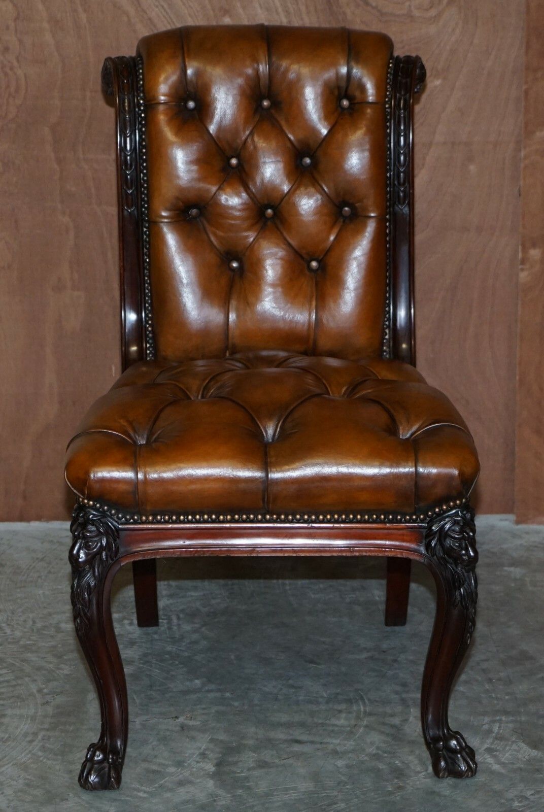 Circa 1845 C Hindley & Sons Lion Carved Chesterfield Brown Leather Dining Chairs photo 15000.0