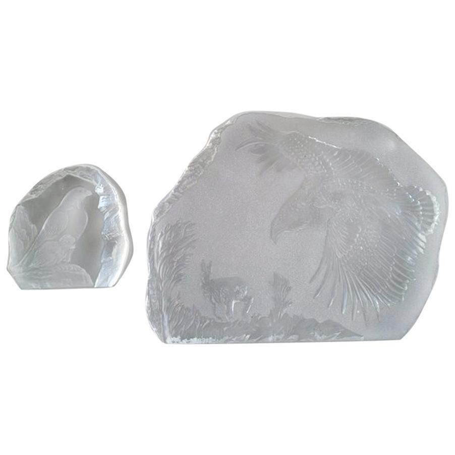 Paul Hoff For Swedish Glass Et Al, 2 Glass Blocks With Motifs Of Birds