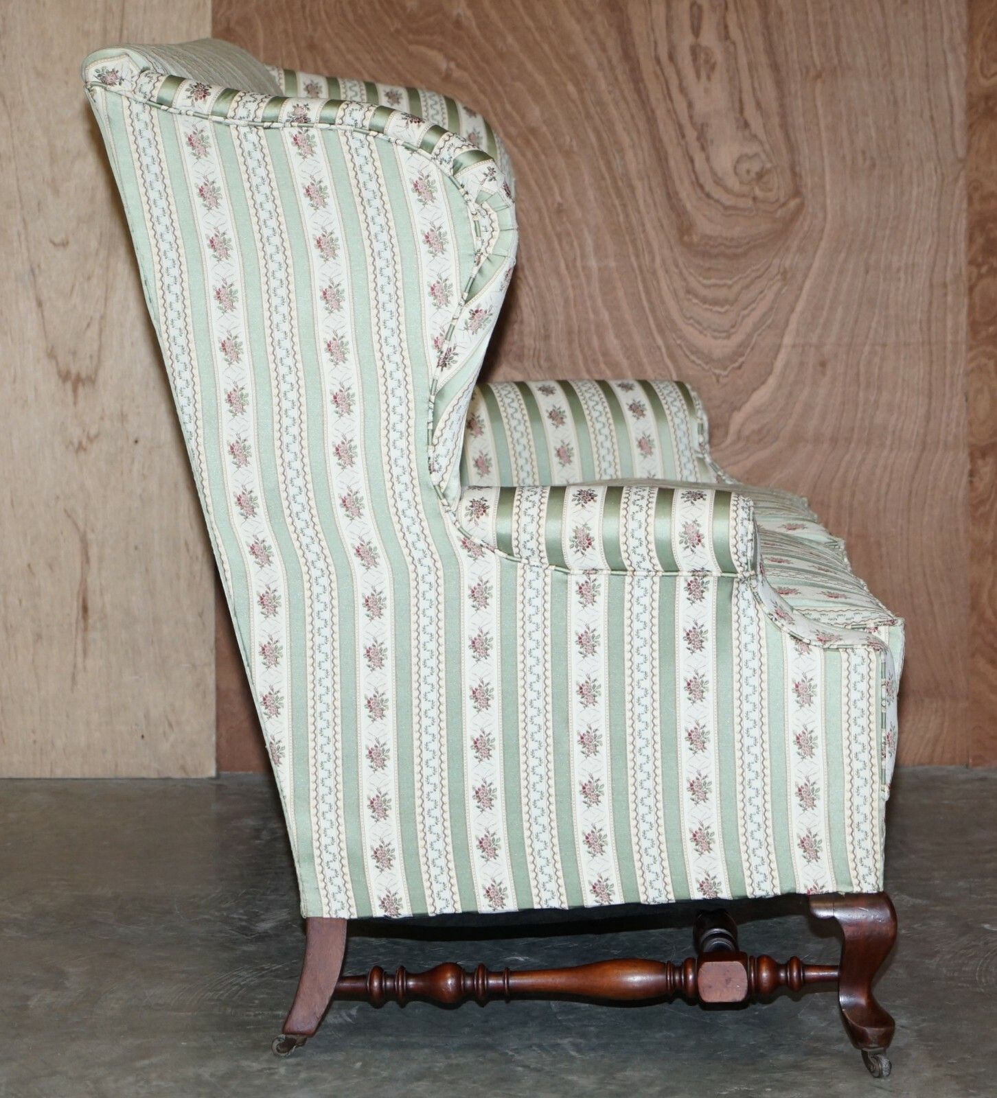 photo furniture Victorian Howard & Sons Ticking Fabric Upholstered Double Wingback Sofa Armchair