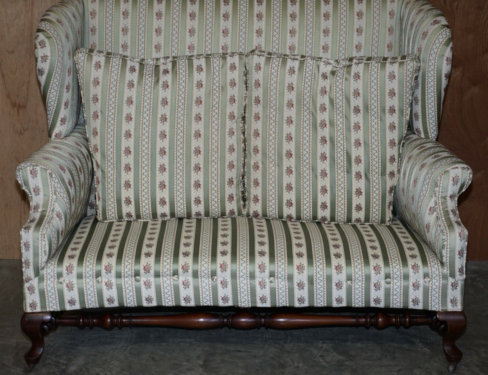 Furniture Victorian Howard & Sons Ticking Fabric Upholstered Double Wingback Sofa Armchair photo