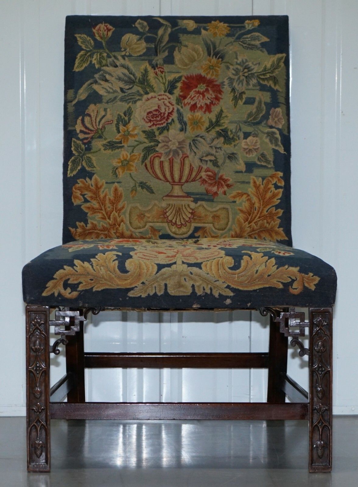 Rare Pair Of Thomas Chippendale Period 1760 Embroidered Chairs Ornately Carved photo for sale