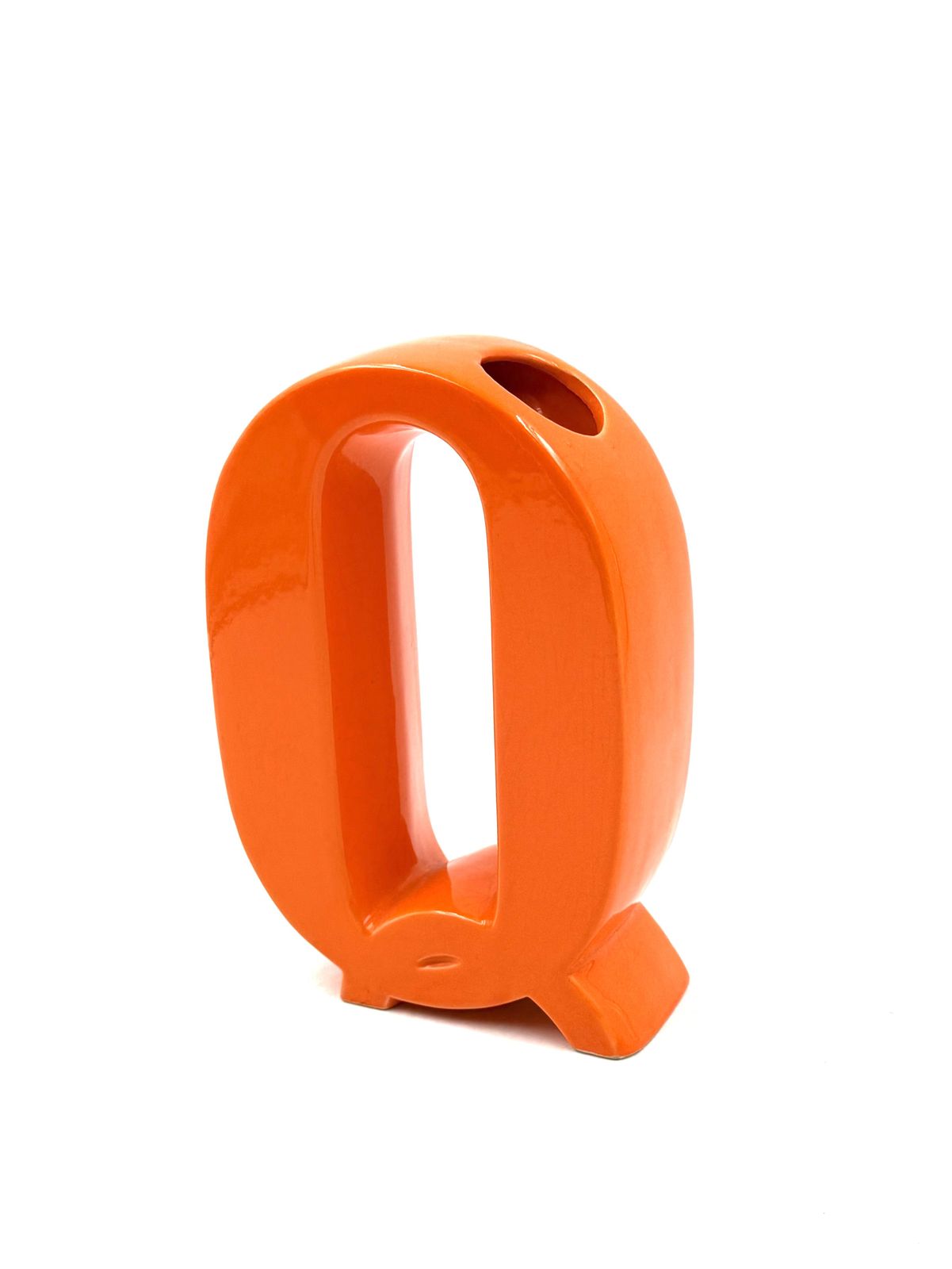 Space Age Orange Q Letter Shaped Ceramic Solifleur Vase, Marcel Radureau Ca. 1970