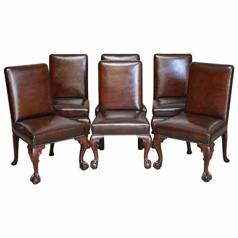 Six Stunning Fully Restored Brown Leather Mahogany Claw & Ball Dining Chairs 6