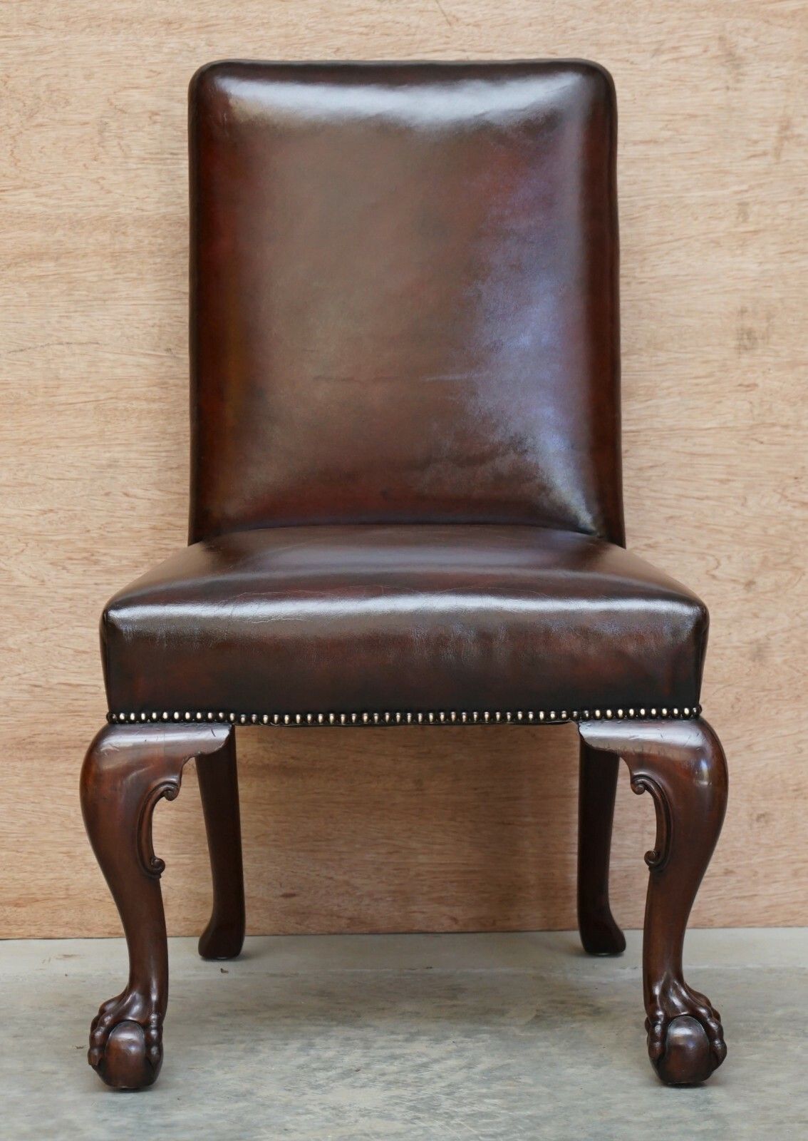 Six Stunning Fully Restored Brown Leather Mahogany Claw & Ball Dining Chairs 6 photo for sale