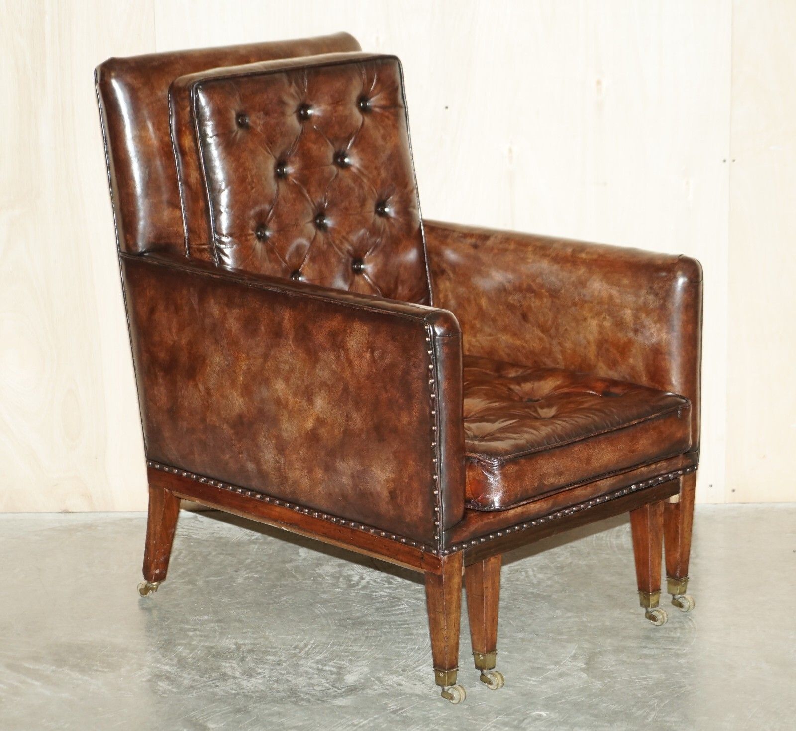 Pair Of Antique Regency  Brown Leather Chesterfield Armchairs Extending Stools photo furniture