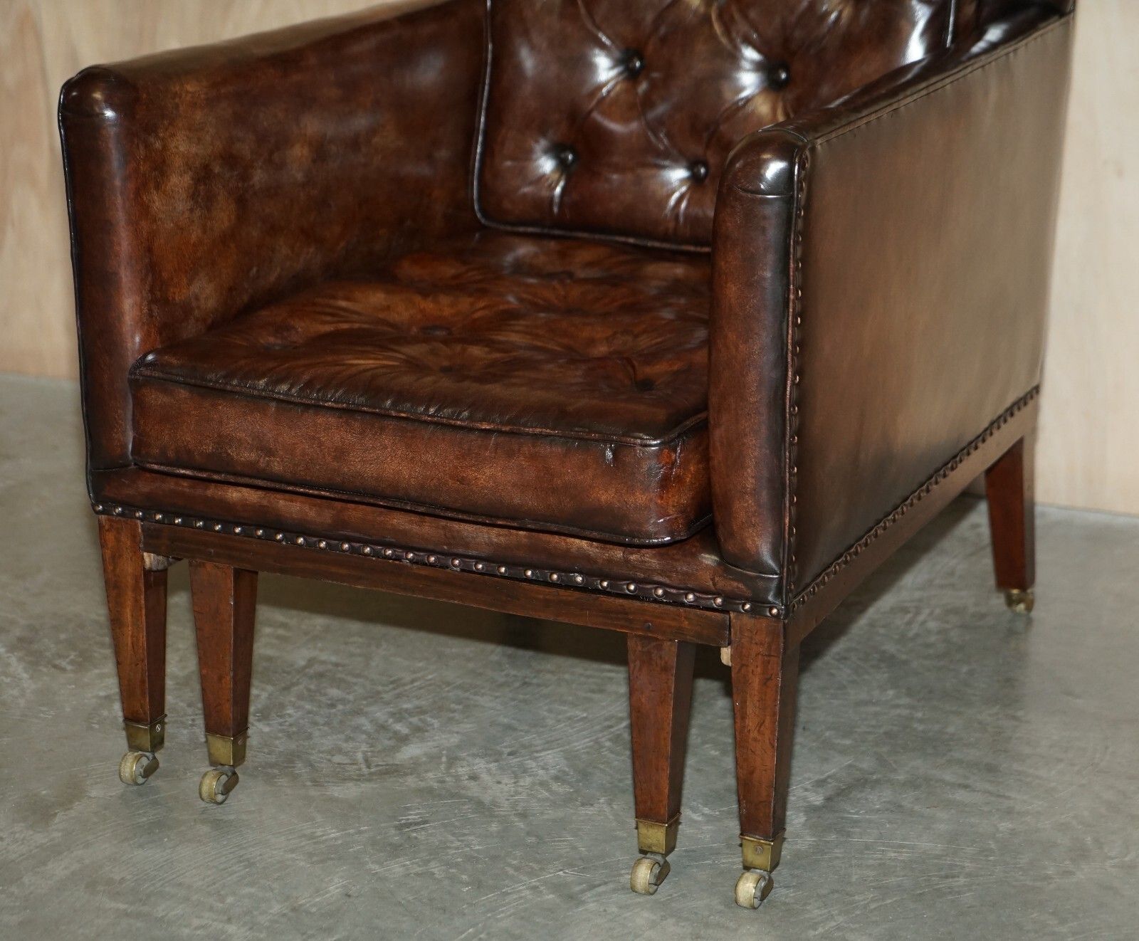 Pair Of Antique Regency  Brown Leather Chesterfield Armchairs Extending Stools photo vinterior