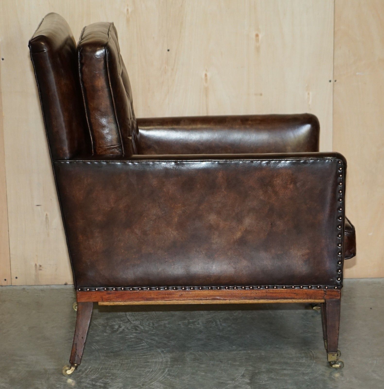Pair Of Antique Regency  Brown Leather Chesterfield Armchairs Extending Stools photo vintage