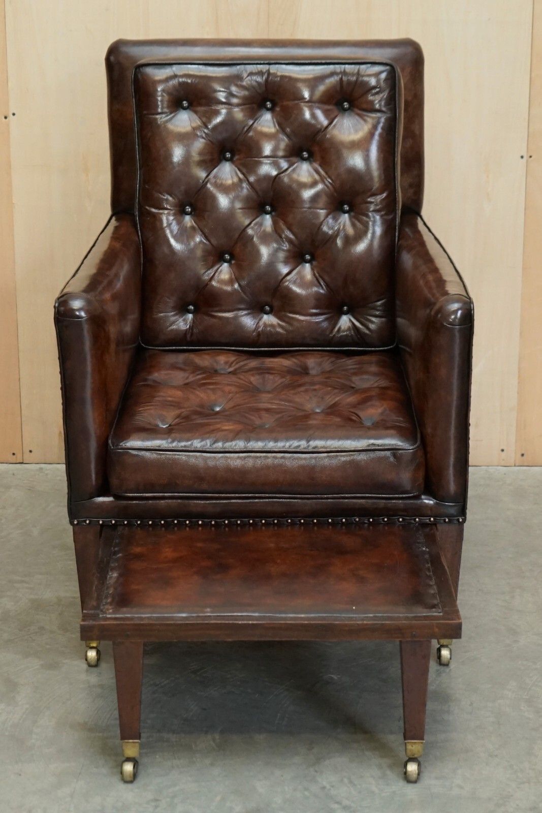 Furniture Pair Of Antique Regency  Brown Leather Chesterfield Armchairs Extending Stools photo