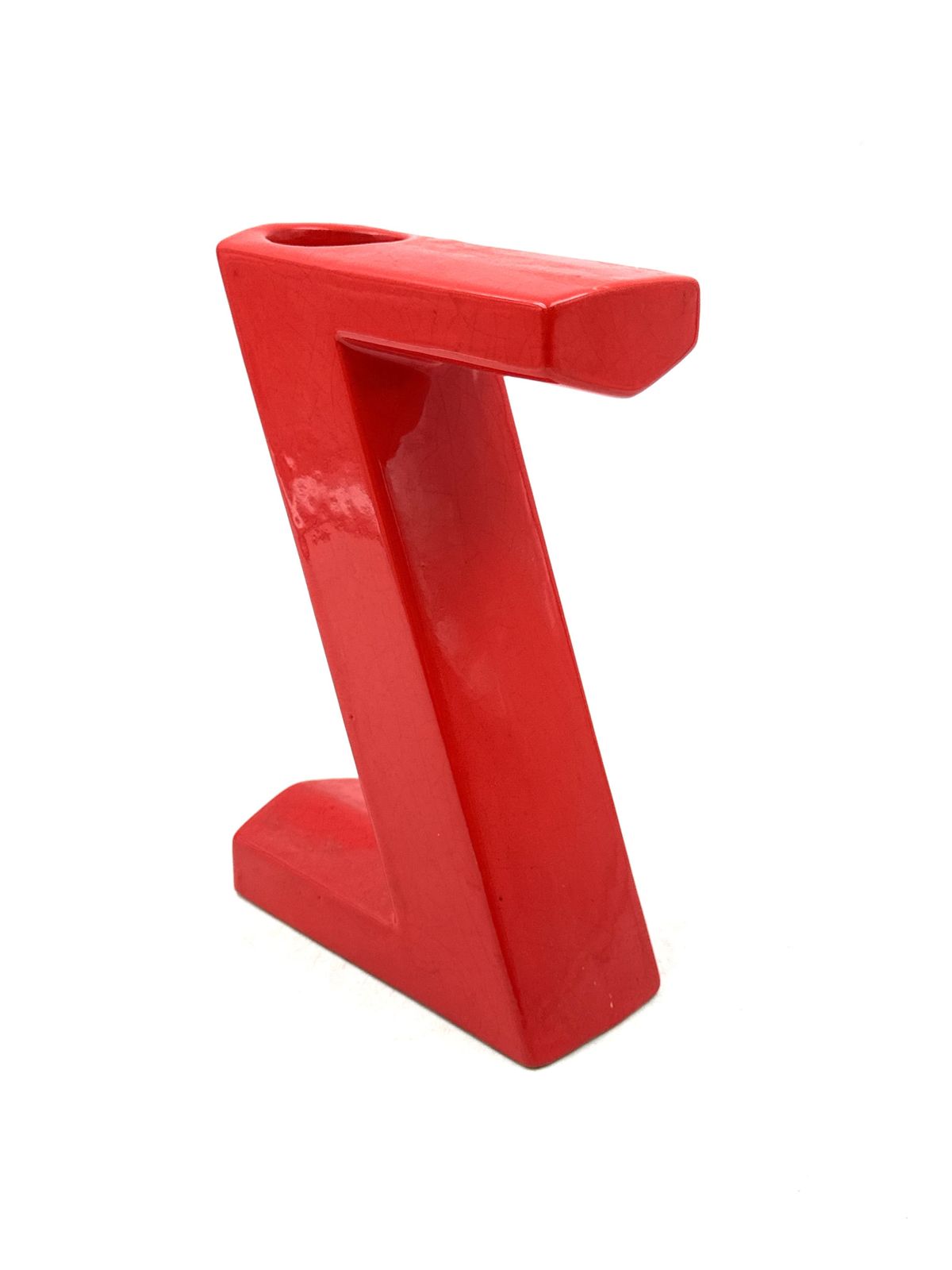 Home Decor Space Age Red Z Letter Shaped Ceramic Solifleur Vase, Marcel Radureau France Ca. 1970 photo