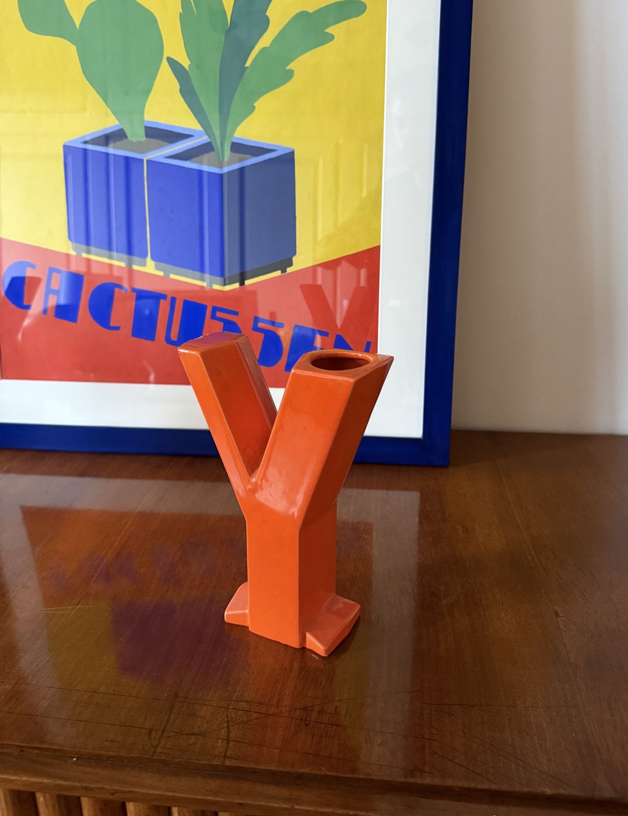 photo for sale Space Age Orange Y Letter Shaped Ceramic Solifleur Vase, Marcel Radureau France Ca. 1970