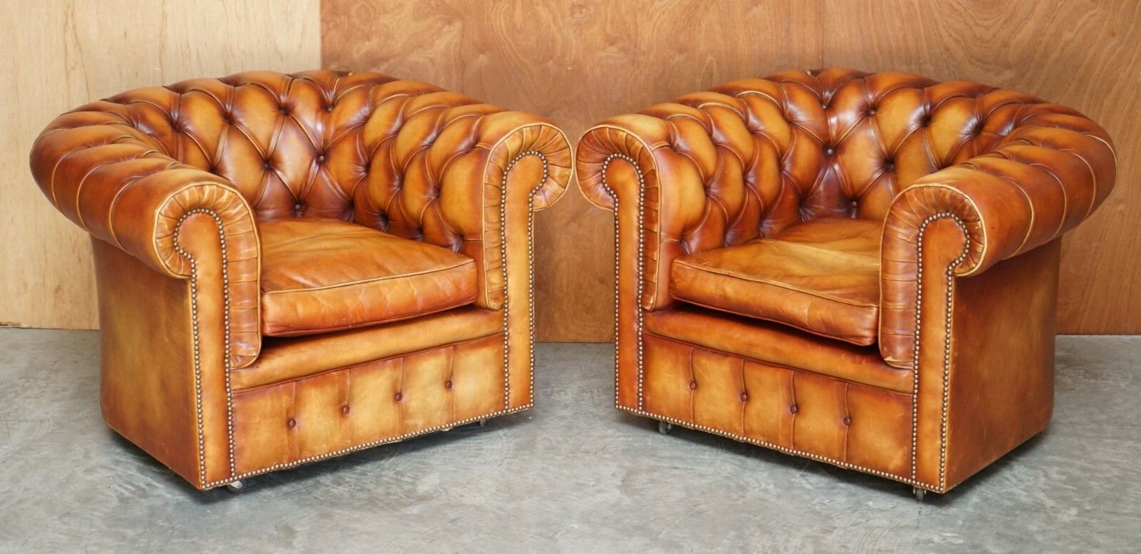 Old Chesterfield Club Three Piece Sofa & Pair Of Armchairs Suite Brown Leather photo furniture