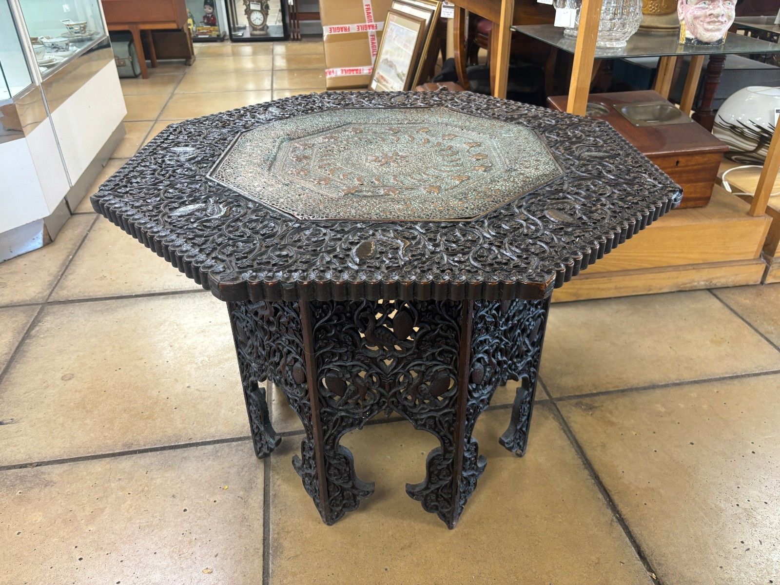 19th Century Anglo Indian Heavily Carved Wooden Table With Copper Insert photo 395.0