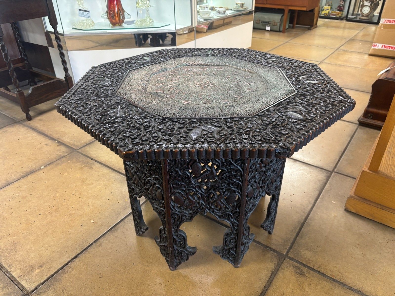 19th Century Anglo Indian Heavily Carved Wooden Table With Copper Insert photo vinterior