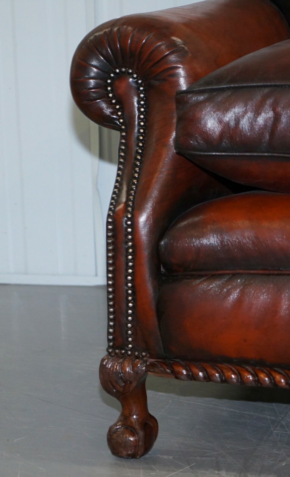 photo furniture Restored Victorian Hand Dyed Brown Leather Sofa Claw & Ball Feet Feather Cushion