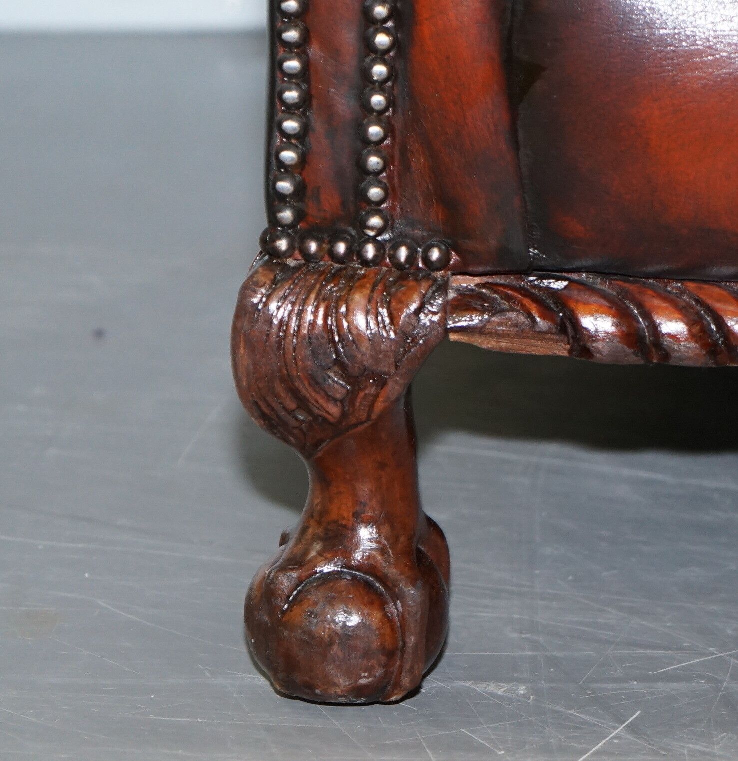 photo for sale Restored Victorian Hand Dyed Brown Leather Sofa Claw & Ball Feet Feather Cushion