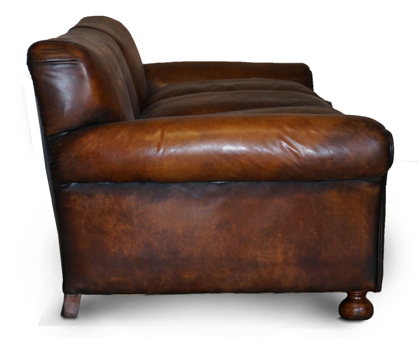 Furniture Restored Hand Dyed Brown Leather Antique Victorian 3 4 Seat Sofa Feather Seats photo