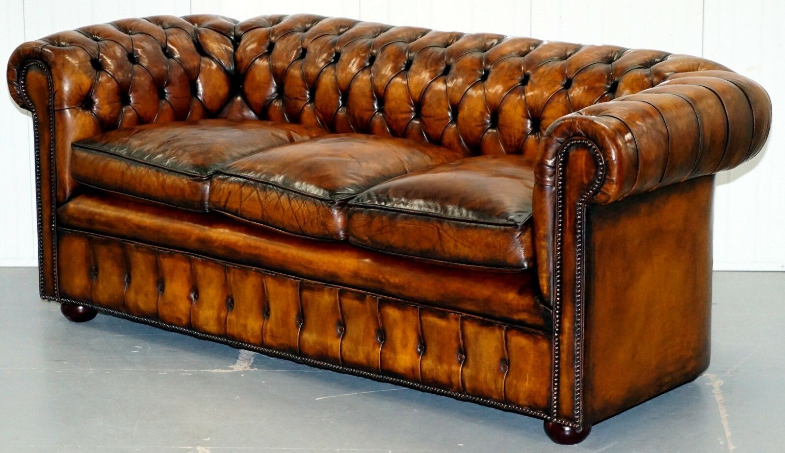 1930's Hand Dyed Restored Whisky Brown Leather Chesterfield Club Sofa English photo for sale