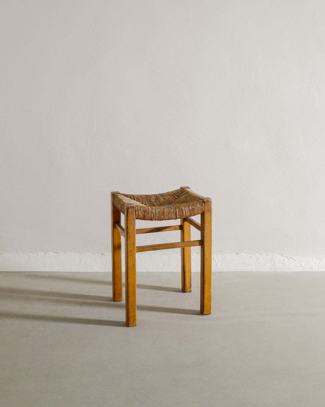 French Wooden Straw Stool, 1960s