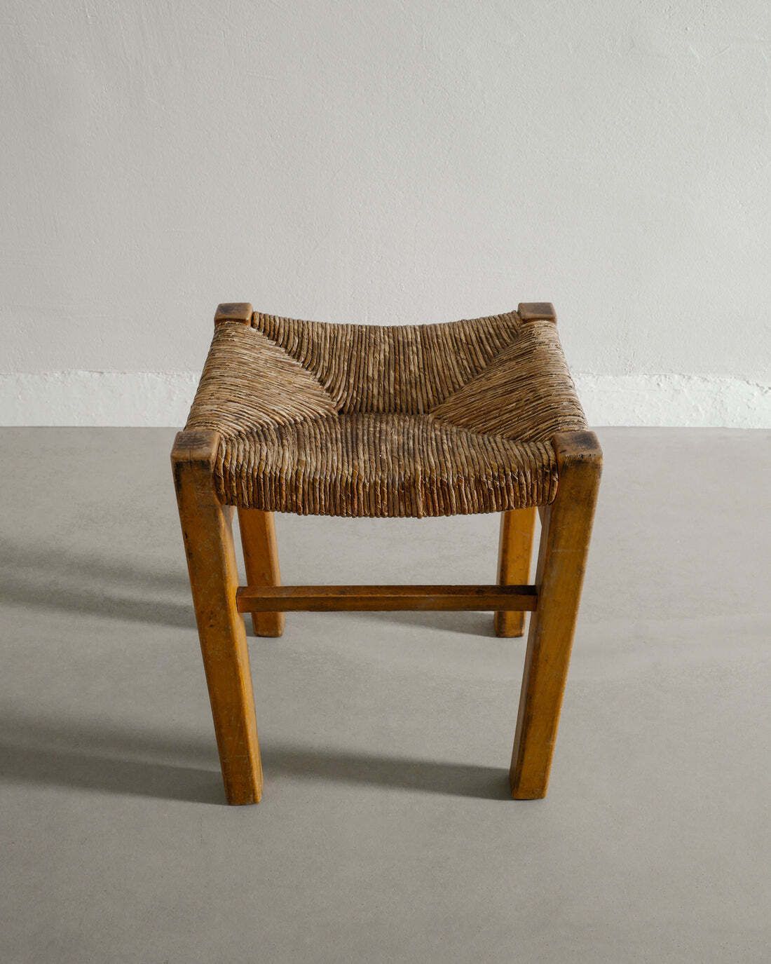 French Wooden Straw Stool, 1960s photo for sale
