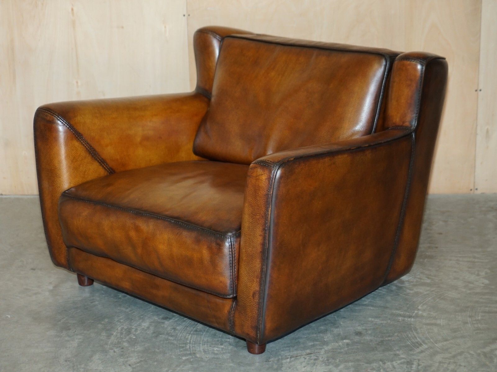 Pair Of Restored Baxter Berger Hand Dyed Cigar Brown Leather Love Seat Armchairs photo furniture