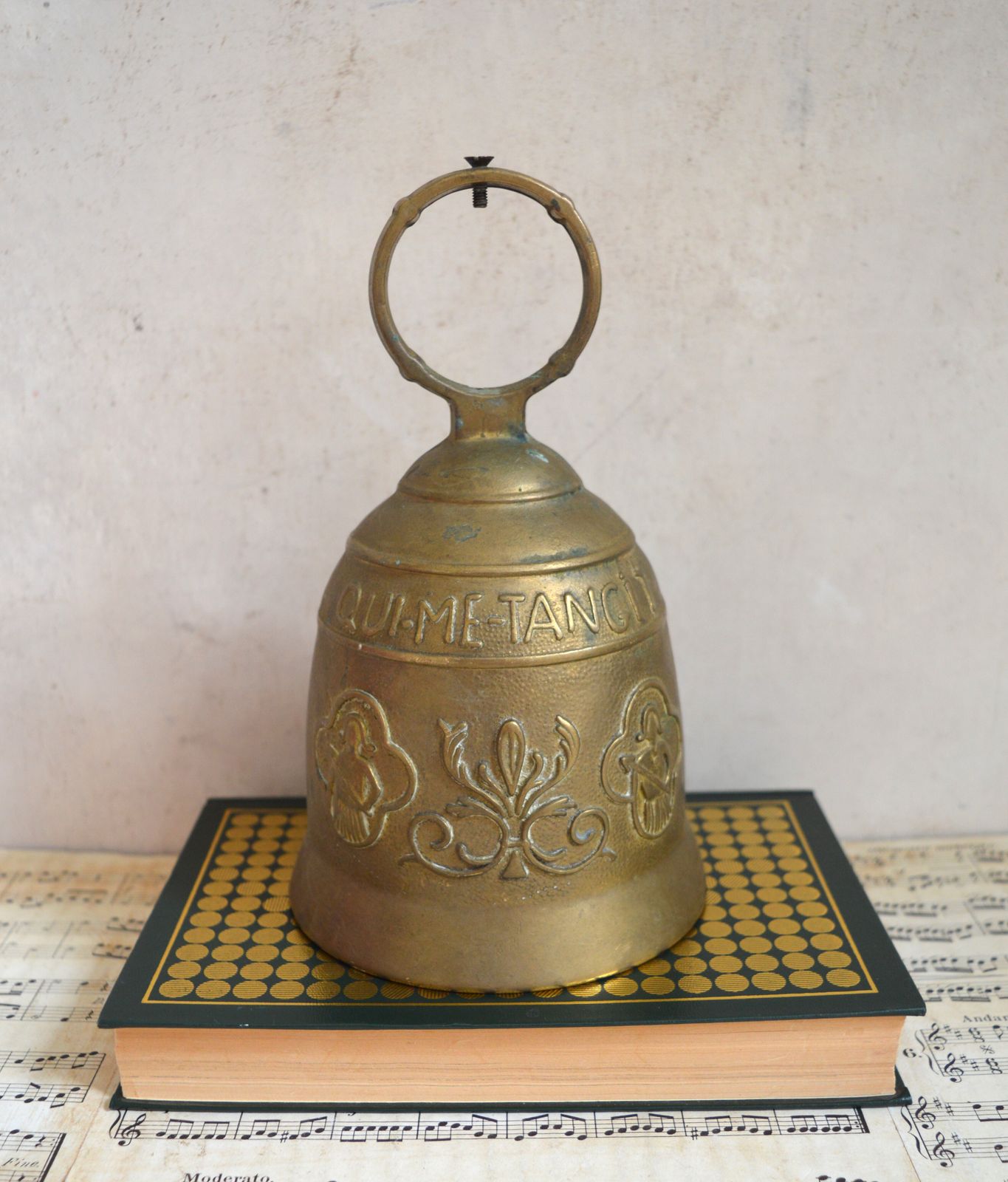 French Antique Solid Heavy Embossed Brass Bell, Bearing The Latin Motto " Qui Me Tangit Vocem Meam Audi '' photo furniture