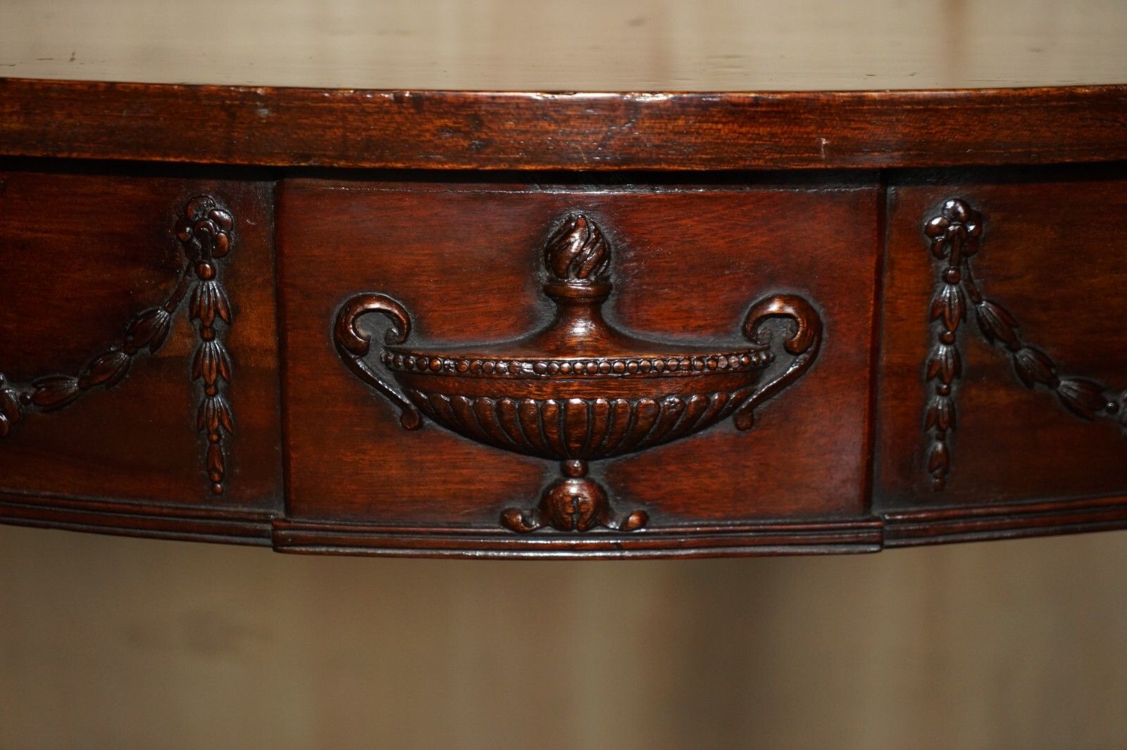 photo for sale Fine Restored 18th Century Burl Mahogany Carved Adams Demi Line Console Table