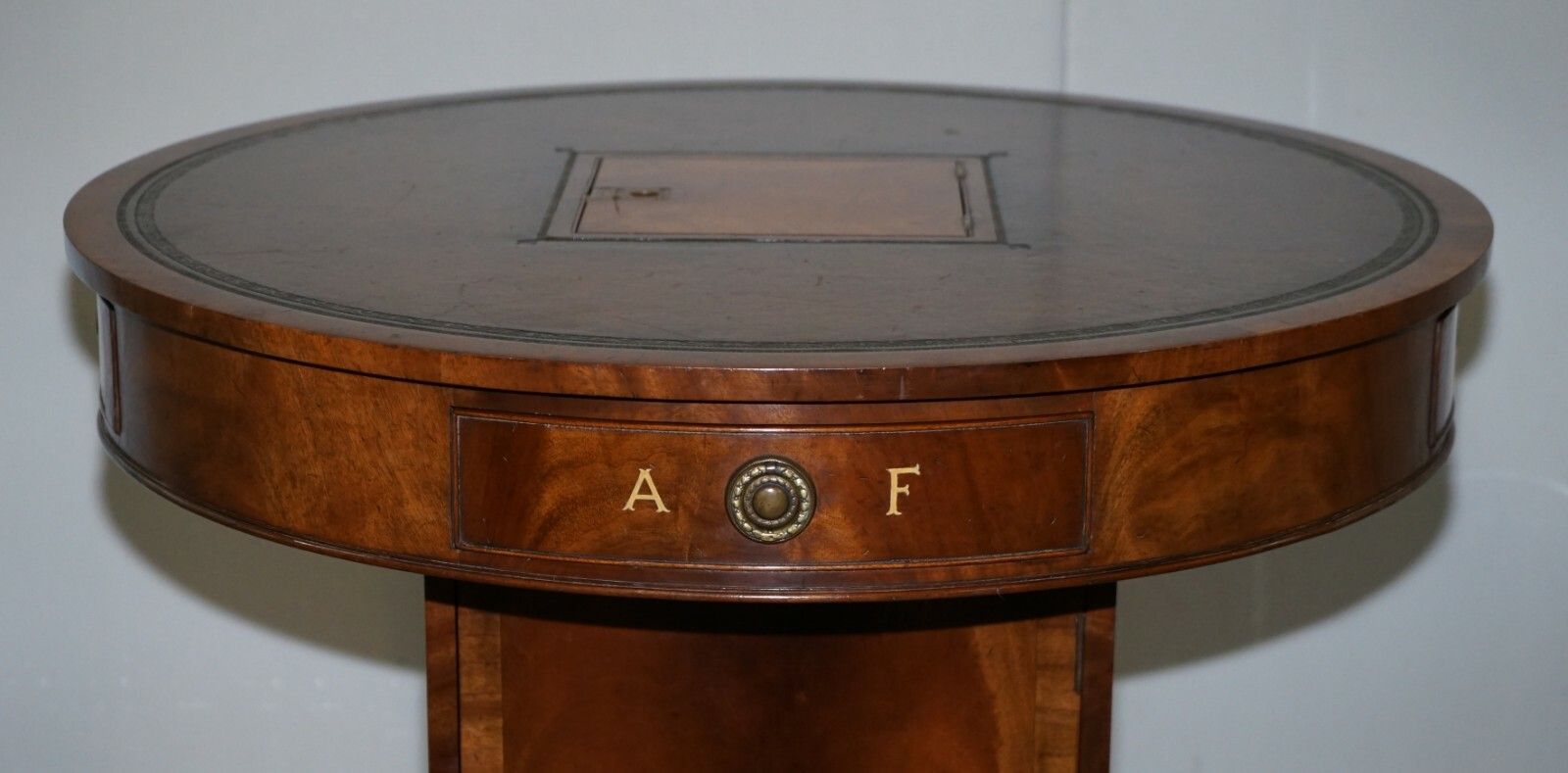Antique Victorian Flamed Mahogany Revolving Rent Drum Table Brown Leather Top photo Furniture