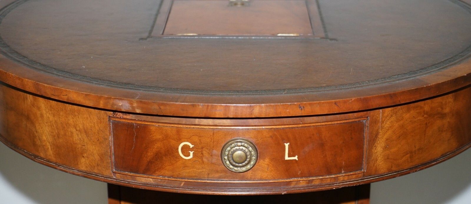 Antique Victorian Flamed Mahogany Revolving Rent Drum Table Brown Leather Top photo vintage
