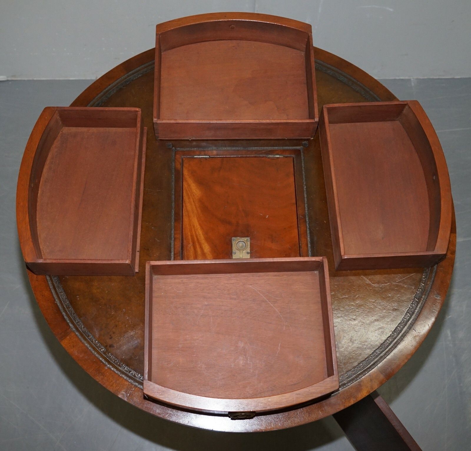 Furniture Antique Victorian Flamed Mahogany Revolving Rent Drum Table Brown Leather Top photo