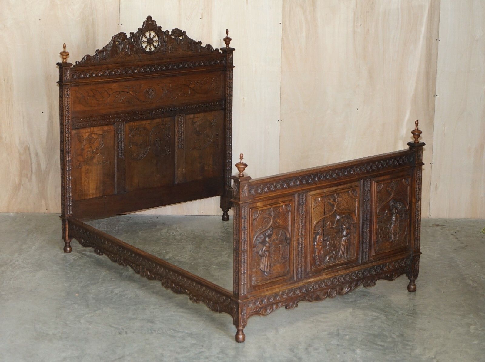Antique Hand Carved Continental Oak Frame Bedstead Very Nicely Sculpted Part Set photo furniture