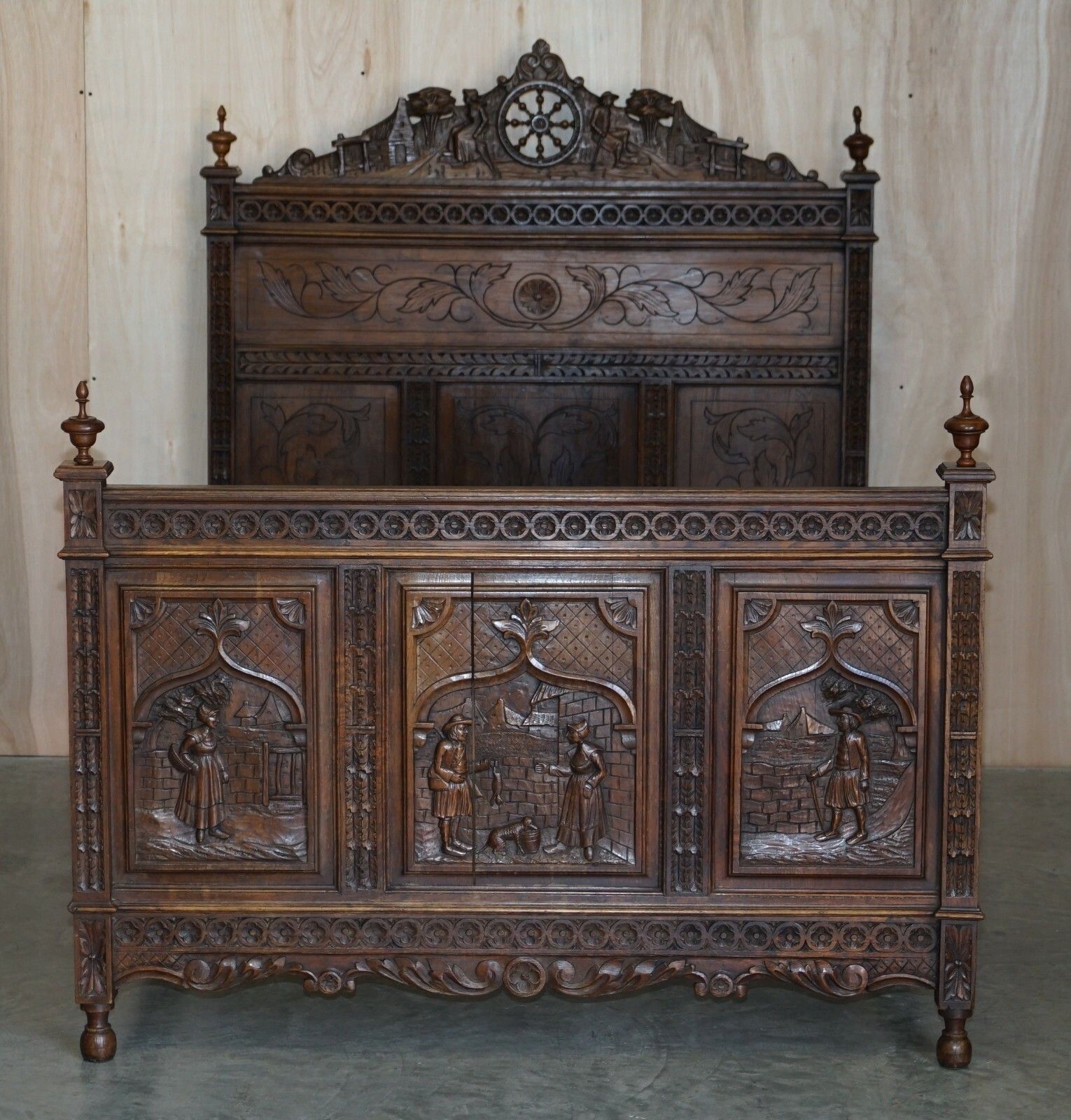 Antique Hand Carved Continental Oak Frame Bedstead Very Nicely Sculpted Part Set photo for sale