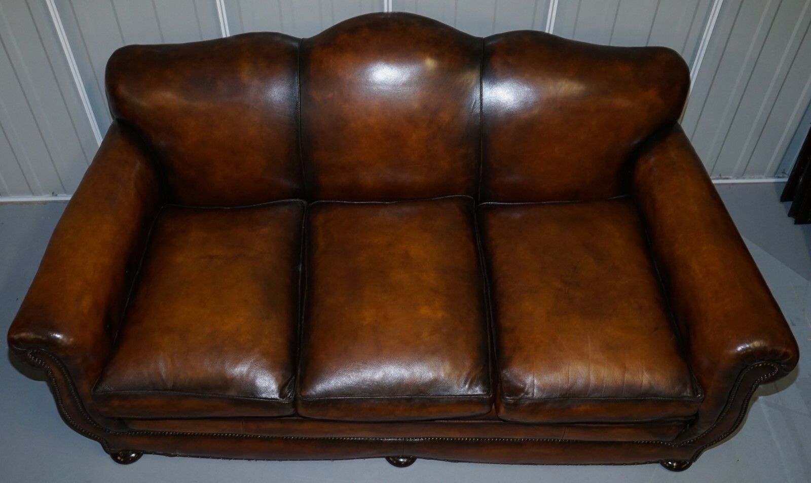 Very Rare Fully Restored Gentleman's Club Moustache Back Brown Leather Sofa photo Furniture