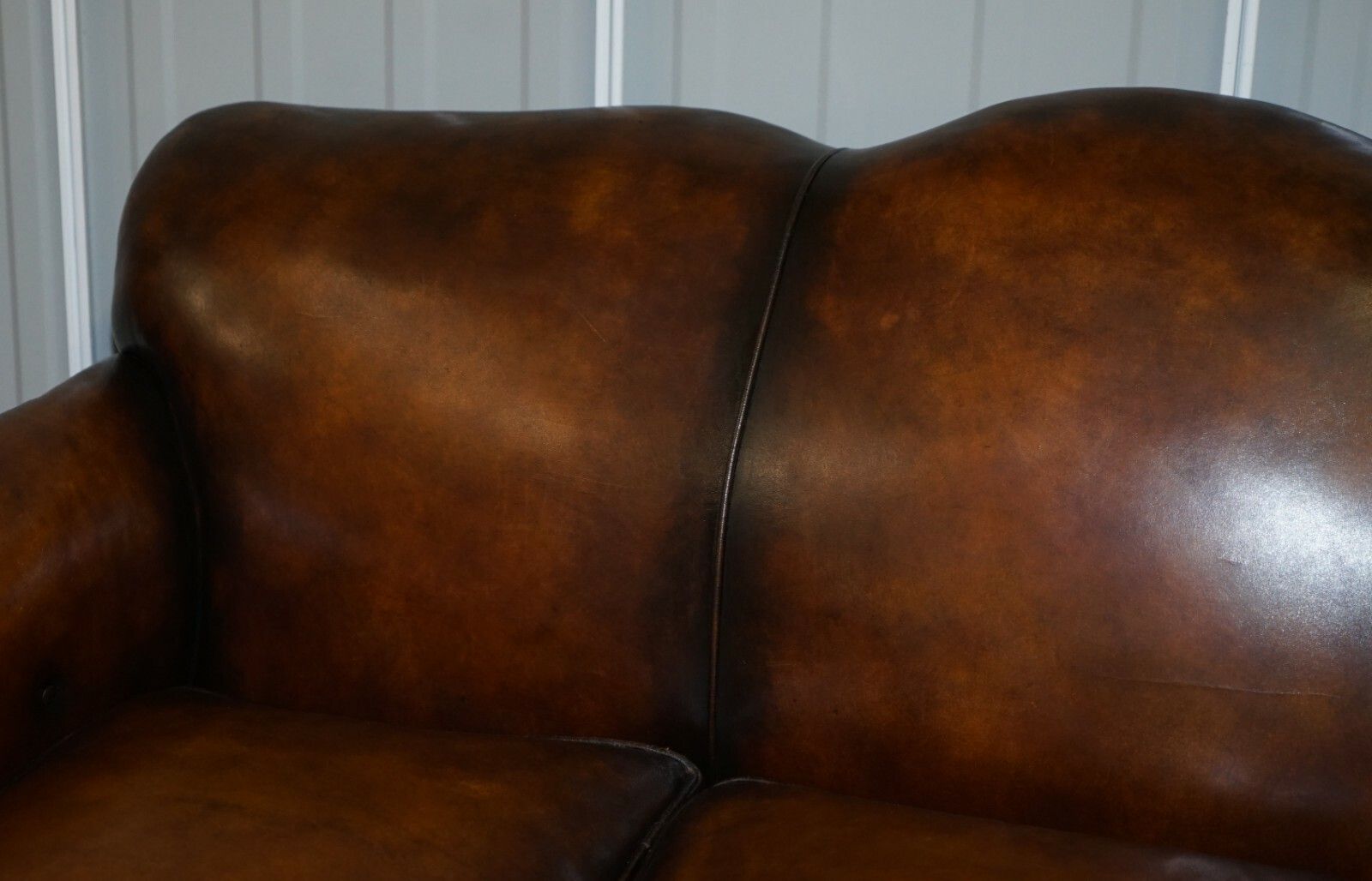 Very Rare Fully Restored Gentleman's Club Moustache Back Brown Leather Sofa photo 10000.0