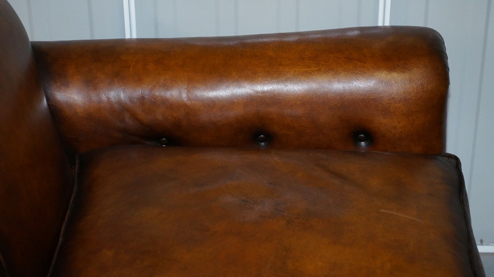 photo furniture Very Rare Fully Restored Gentleman's Club Moustache Back Brown Leather Sofa