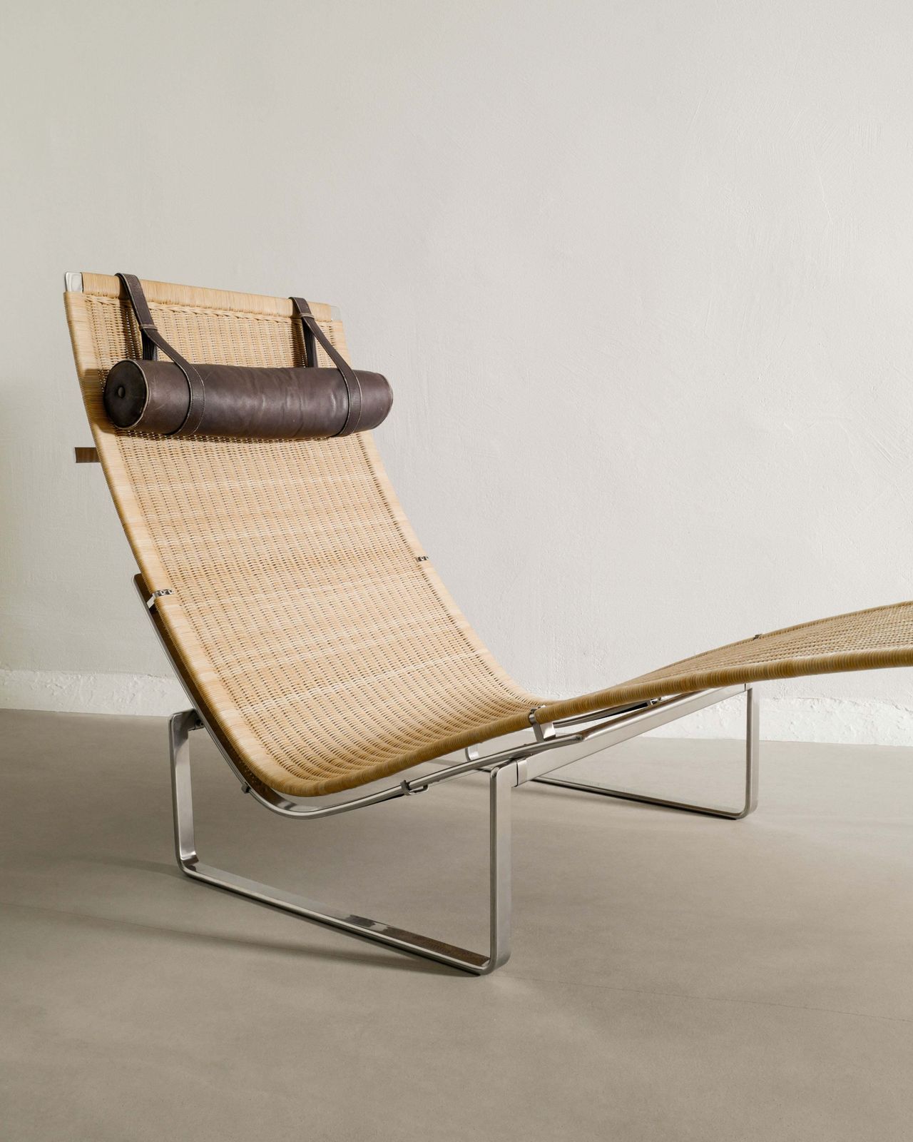 Danish Mid Century Sculptural Chaise Lounge "Pk24" Chair In Rattan, Steel & Leather By Poul Kjærholm For E. Kold Christensen Denmark, 1960s photo furniture