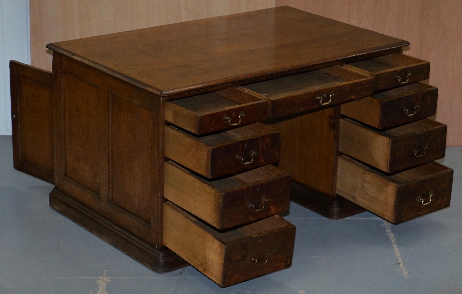 8500.0 Stamped Gillows Lancaster Double Sided Twin Pedestal Partner Desk Figured Oak photo