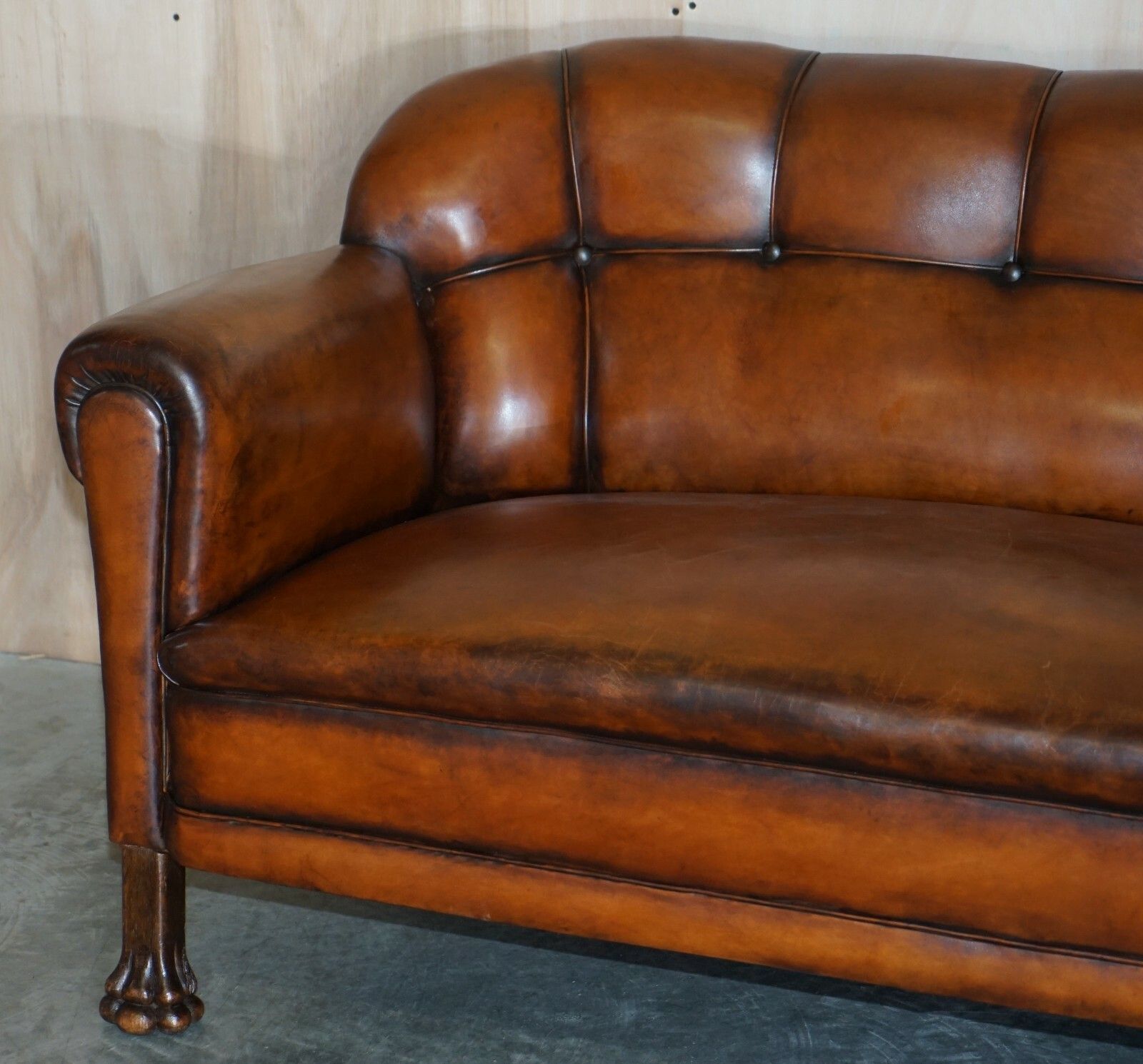 Fine Antique Victorian Brown Leather Chesterfield Sofa Oak Lions Hairy Paw Feet photo Furniture