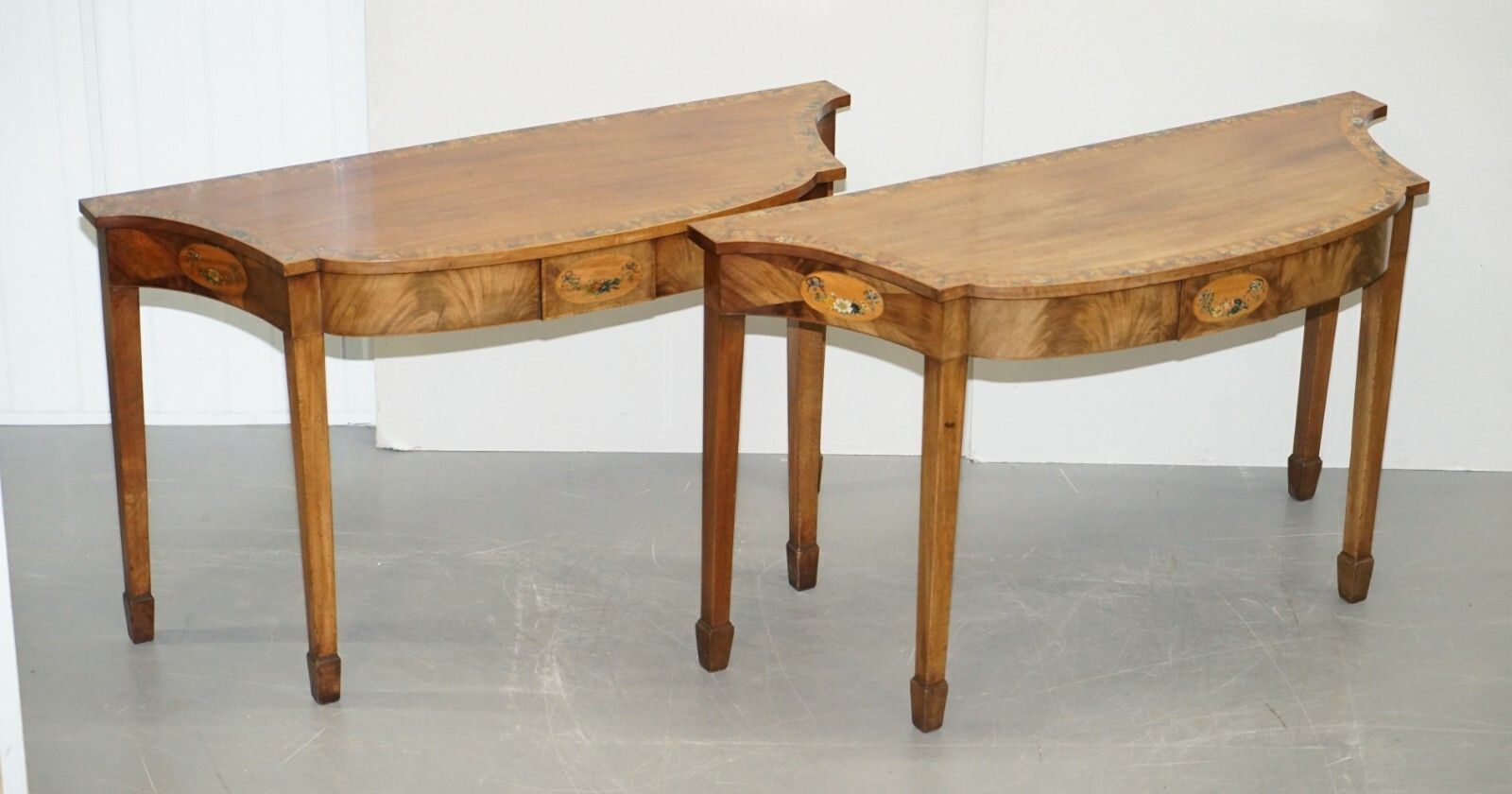 Pair Of George III 1780 Satinwood & Tulip Wood Polychrome Painted Console Tables photo furniture