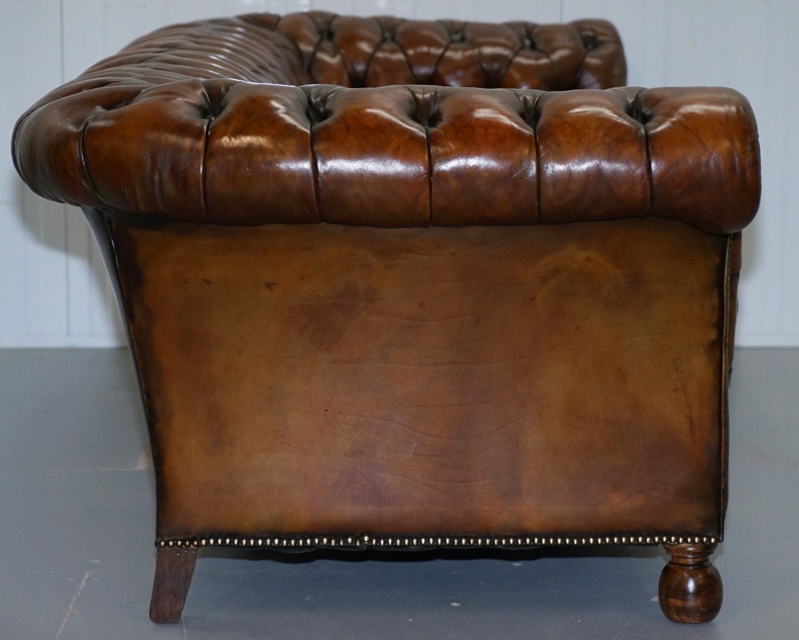 photo for sale Fully Sprung Thomas Chippendale Restored Aged Brown Leather Chesterfield Sofa