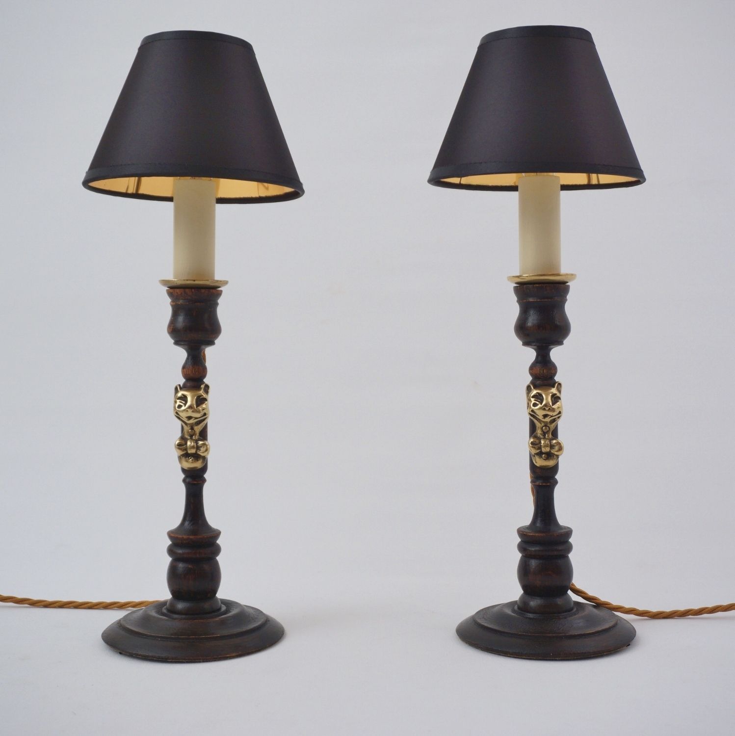 Pair Antique Candlestick Table Lamps, Cheshire Cat, Lewis Carroll Alice In Wonderland, Brass & Oak, 1920`s Ca, English   Rewired photo furniture